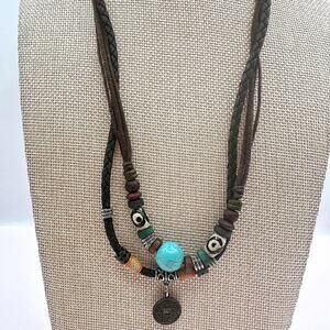 Vintage 90s Boho Double Strand Braided Leather Turquoise Coin Pendant Jewelry